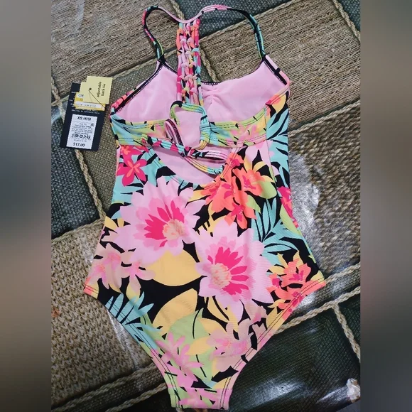 Art Class Floral Kids Swimsuit - Pink and Black - Picture 4 of 4